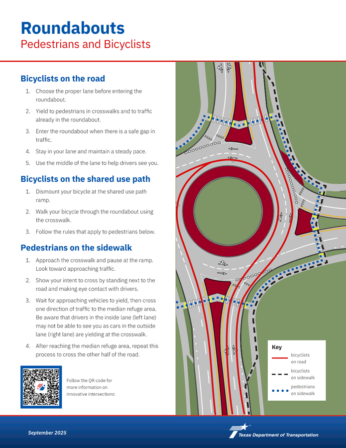 A pamphlet of information about Roundabouts in regards to Pedestrians and Bicyclists.