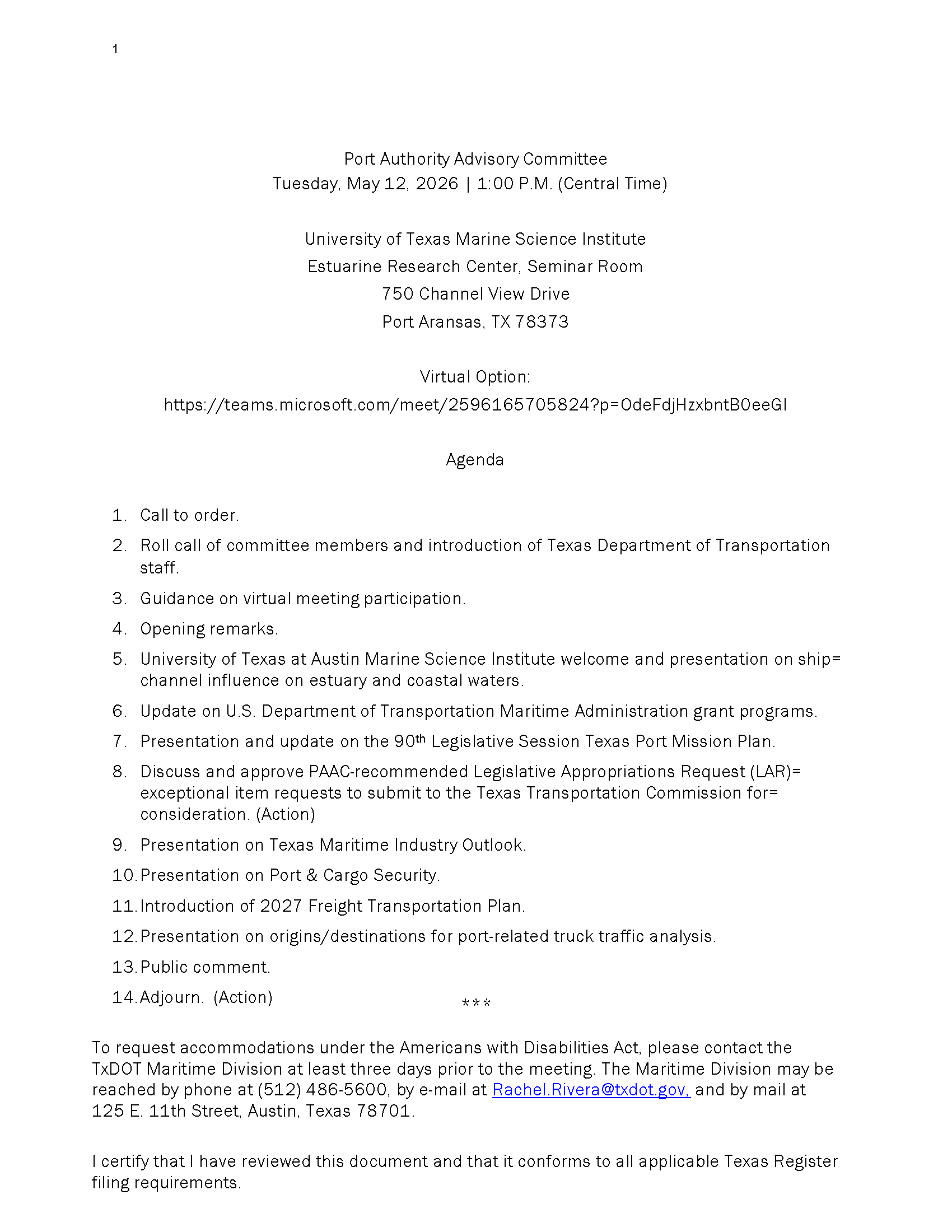 Port Authority Advisory Committee agenda, May 12 2026