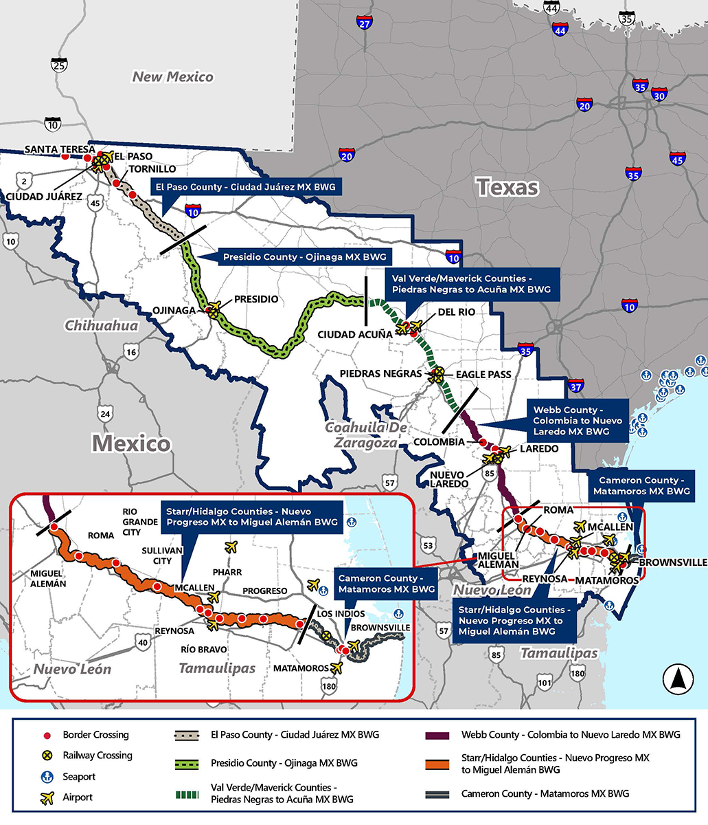 The study area for the BTMP includes the 1,254-mile Texas-Mexico border and the Santa Teresa, New Mexico Port of Entry. The Texas-Mexico border has 34 crossings, including 28 vehicle, 5 rail and 1 pedestrian crossing. There are several seaports and airports in the study area. The study area has been split into six binational working groups. From west to east they are: El Paso County – Ciudad, Juarez, Mexico, Presidio County – Ojinaga, Mexico, Val Verde/Maverick Counties – Piedras Negras to Acuna Mexico, Web County – Colombia to Nuevo Laredo Mexico, Starr/Hildago Counties – Nuevo Progreso to Miguel Aleman Mexico, and Cameron County – Matamoros, Mexico.