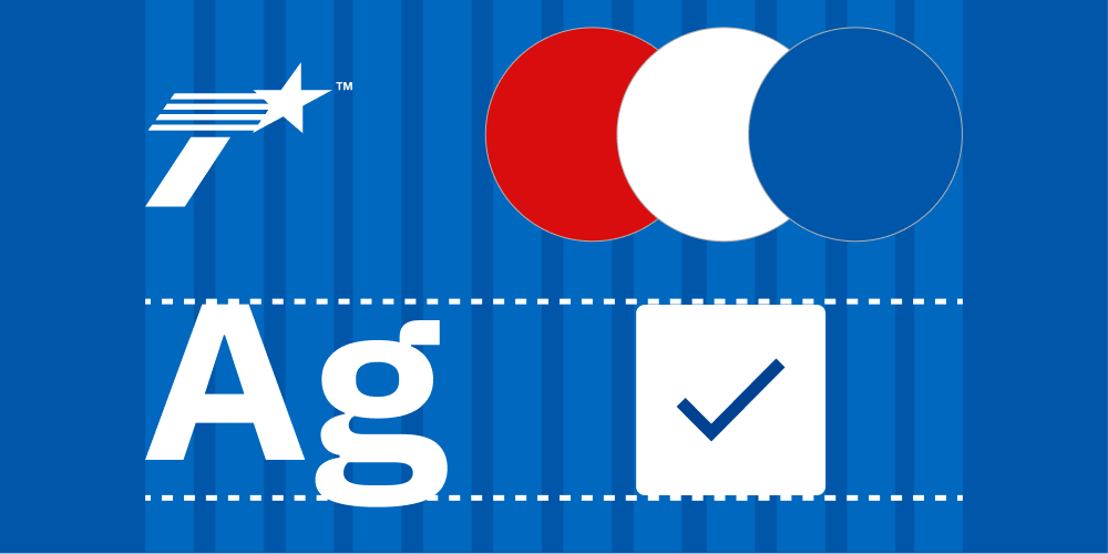 Brand elements collage 1000x500 The image has a blue striped background with a TxDOT logo and three overlapping red, white, and blue circles in the top left. Below them is the large white text “Ag,” followed by a white square with a blue checkmark.
