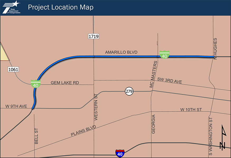 The project is located in the City of Amarillo, Potter County, Texas. The highlighted project segment follows Amarillo Boulevard, also designated as U.S. Route 60 and Interstate Highway 40 Business, between Bell Street on the west and Whitaker Street on the east. Nearby intersecting roadways shown include Western Street, Plains Boulevard, and Georgia Street. Interstate Highway 40 is shown south of Amarillo Boulevard, with an interstate shield marking the corridor. Additional labeled roadways include West 10th Street and Southwest 3rd Avenue.