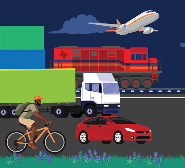 Graphic showing mutliple forms of transportation including cars, trucks, bicyclists, rail, and air.