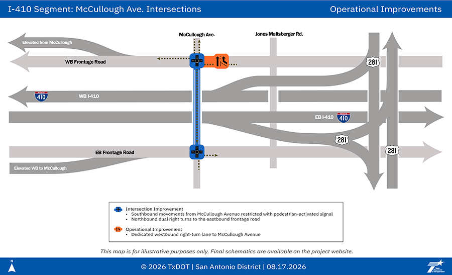 Map showing proposed intersection improvements along I-410 at McCullough Avenue, including restricted southbound movements with a pedestrian-activated signal, modified turning movements and an added dedicated westbound right-turn lane.