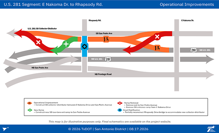 Map showing improvements along U.S. 281 from East Nakoma Drive to Rhapsody Road, including an operational improvement, ramp removals, new ramps and roadway modifications.