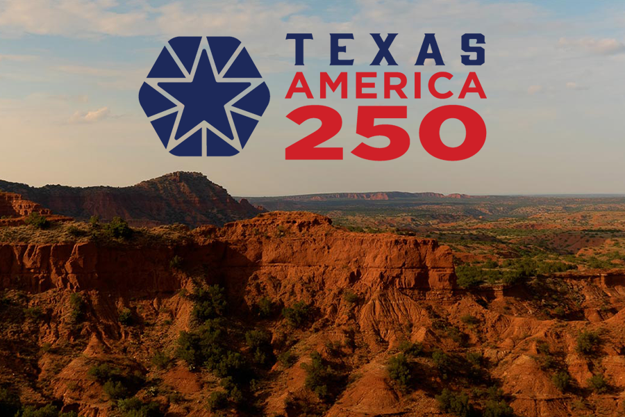 Texas mountain landscape with Texas America 250 graphic overlay.
