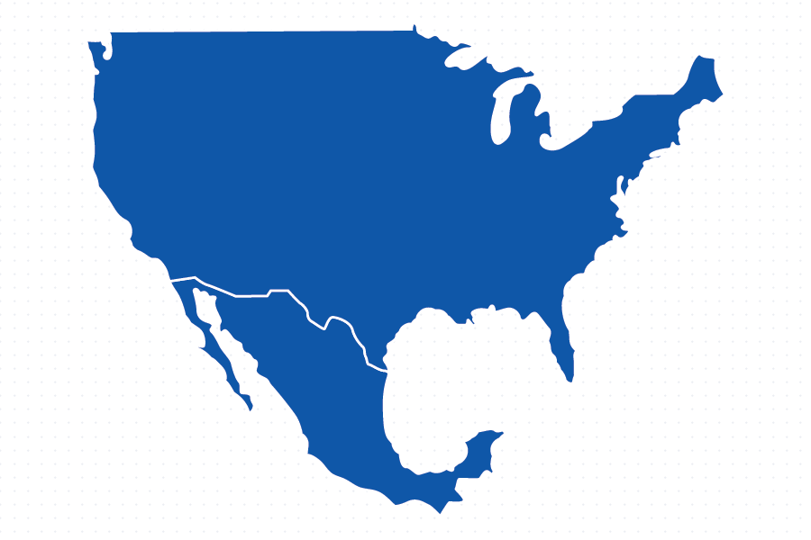 Blue silhouette map of North America showing the United States, Mexico, and part of Canada, with white lines marking the borders between the countries.