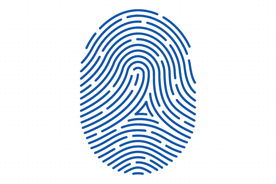 Blue fingerprint illustration with distinct ridge patterns forming an oval shape on a white background.