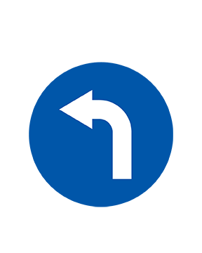 Blue circular traffic sign displaying a white left-turn arrow, indicating that vehicles must turn left at this location.