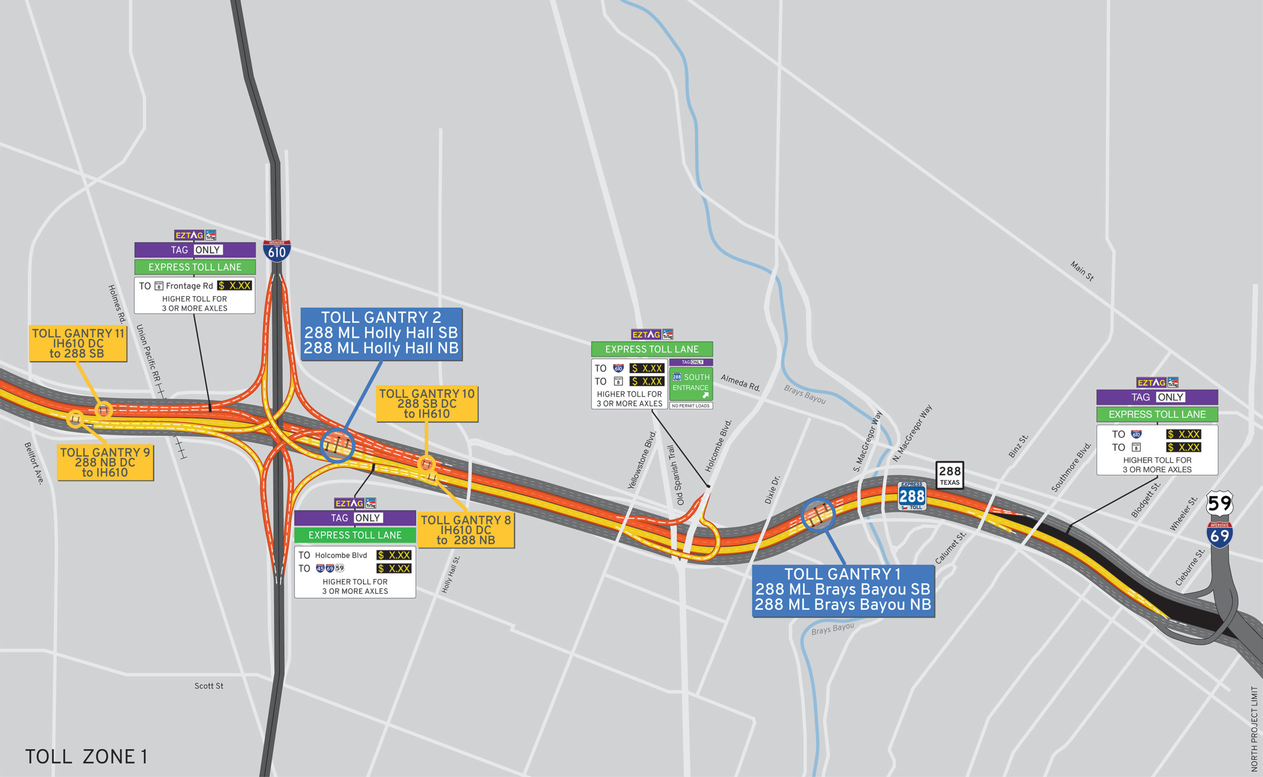 SH 288 Toll Zone 1 Toll Lane Gantry Locations Map