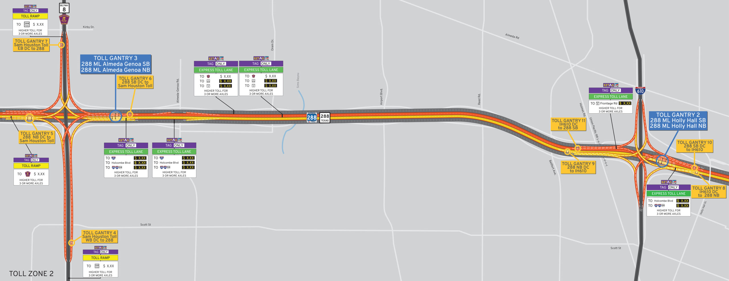 SH 288 Toll Zone 2 Toll Lane Gantry Locations Map