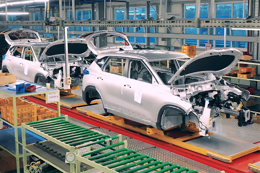 Autonomous vehicles on an assembly line.