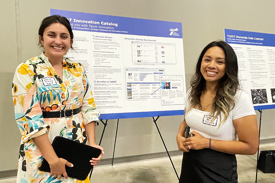 Kelly Kindler and Allyanna Pascone present the TxDOT Innovation Catalog at a poster session at the 2026 Texas Innovation Invitational, held June 15–17 in Allen, Texas.