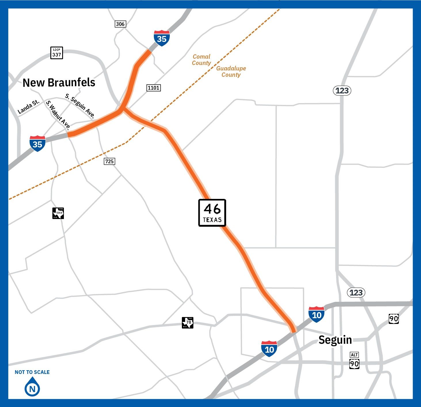 A simple route map of a section of road in the shape of a capital T southeast of the city of New Braunfels. The top line of the T is a section of I-35 starting at south walnut avenue and ending at FM 360. The up and down line of the t that intersects that top road line is texas state highway 46 starting at I-10 and ending at I-35.
