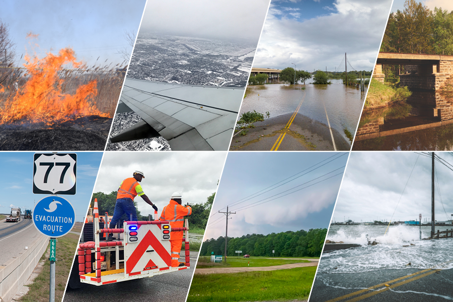 8 images of fire, a plane, flooded road, a bridge, an evacuation route, TxDOT workers, power lines, and waves crashing on a road.