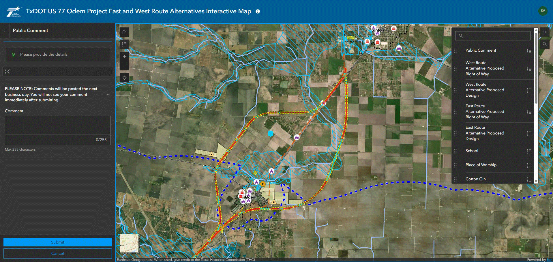 US 77 Odem Project east and west route alternatives interactive map screenshot depicting an aerial view of US 77 including the city of Sinton toward the north and Odem toward the south. There is a red line indicating the east route alternative originating on US 77 south of Sinton going around the city of Odem to the east. There is another red line indicating the west route alternative originating on US 77 south of Sinton going around the city of Odem to the west. The map includes light blue lines depicting water and small icons depicting key features such as landmarks. On the left side of the map is a dark gray panel for the public to submit a comment. The right side of the map shows the interactive panel for the user to select specific parameters to view on the map such as the proposed right of way or specific landmarks.