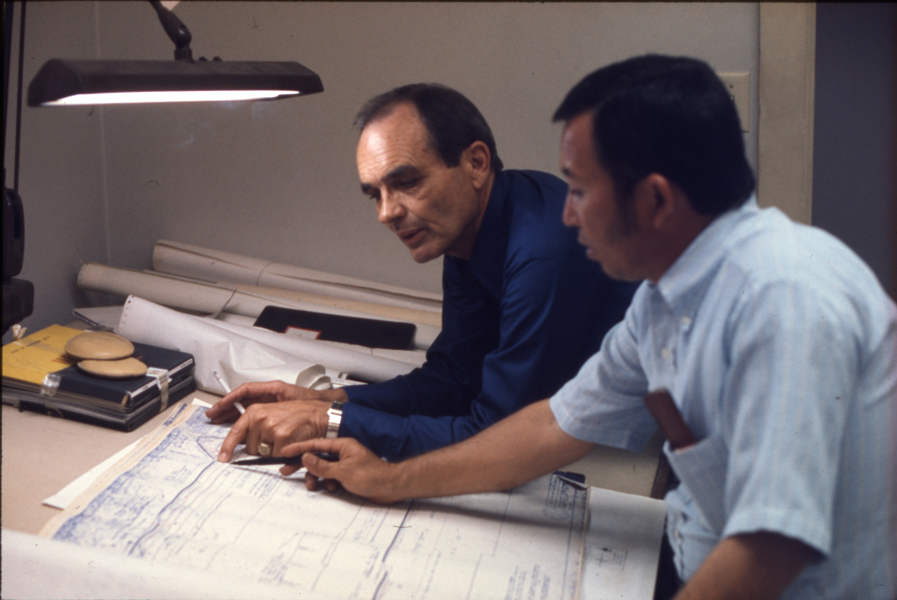 TxDOT engineers reviewing plans in Austin in 1975.