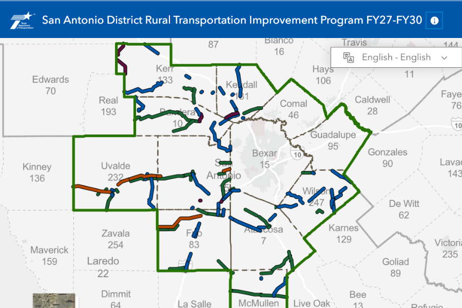 Interactive Map of the San Antonio District Rural TIP for FY27-FY30. The San Antonio District includes Atascosa, Comal, Bexar, Bandera, Frio, Gaudalupe, Kendall, Kerr, McMullen, Medina, Uvalde, and Wilson counties. Counties in the Rural TIP are Atascosa, Bandera, Frio, Kendall, Kerr, McMullen, Medina, Uvalde and Wilson. The Rural TIP includes both grouped projects and individually listed projects that include added capacity projects and regionally significant projects to be funded outside of MPO boundary, and within a TxDOT district during the next four years including those eligible for federal funding. The Rural TIP meetings are being held pursuant to Title 43, Texas Administrative Code, Section 16.102, which calls for an opportunity for public comment concerning the Rural TIP. This map allows the public to view the areas and submit comments. For any questions, assistance, or more information, please contact Ivonne.delarosa@txdot.gov.