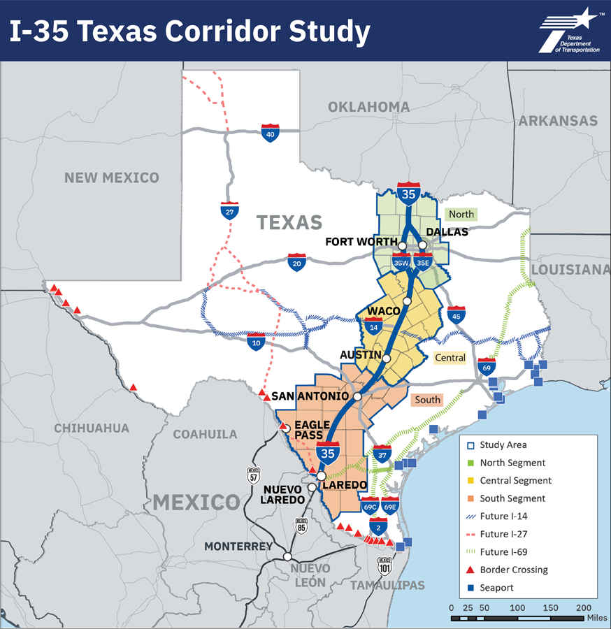 General road map of the I-35 Texas Corridor Study area from Oklahoma to Mexico. This is a project study map for I-35 Texas Corridor Study that works to deliver a safe, reliable and integrated transportation system. Building upon current investments, the I-35 Texas Corridor Study will identify existing gaps and evolving multimodal transportation needs and opportunities. The map of Texas shows three working group regions labeled North, Central and South. Cities of note located within these regions are Laredo, Eagle Pass and San Antonio (South), Austin and Waco (Central), and Dallas and Fort Worth (North). The cities are marked on the map with circle icons. The main road marked on the map that travels through all three working group regions is I-35. Border crossings between Texas and Mexico are marked with triangles. Squares along the coast of Texas and Mexico represent seaports. There are dashed lines marking the location of future interstate highways (I-14, I-27 and I-69) throughout the region and the state in general. This map was last updated in November 2025. For any questions, assistance, or more information, please contact https://www.txdot.gov/about/contact-us/ask-a-general-question.html?id=i30-corridor-email.