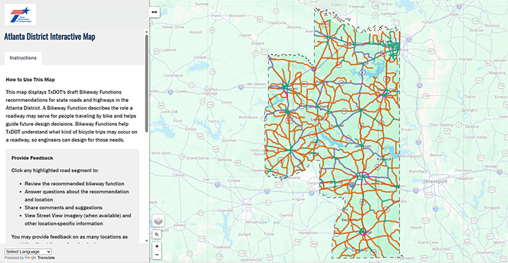 A screenshot of an interactive map, which displays the project area for the Atlanta District Bicycle Plan.