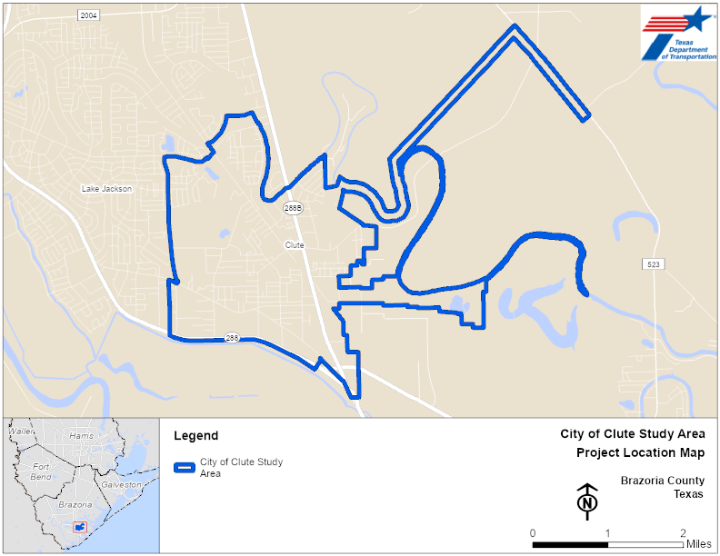 Map: City of Clute Study Area Project Location Map. Moderately complex map showing the City of Clute study area outlined in blue within Brazoria County, Texas, with nearby highways, local roads, waterways, and an inset map locating the study area within Texas. No data values are displayed; the map’s primary purpose is to identify the geographic location and boundary of the City of Clute study area. For any questions, assistance, or more information, please contact the Texas Department of Transportation at t x d o t .gov.
