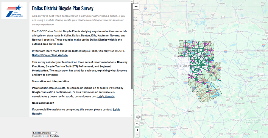A screenshot of an interactive map, which displays the project area for the Dallas District Bicycle Plan.