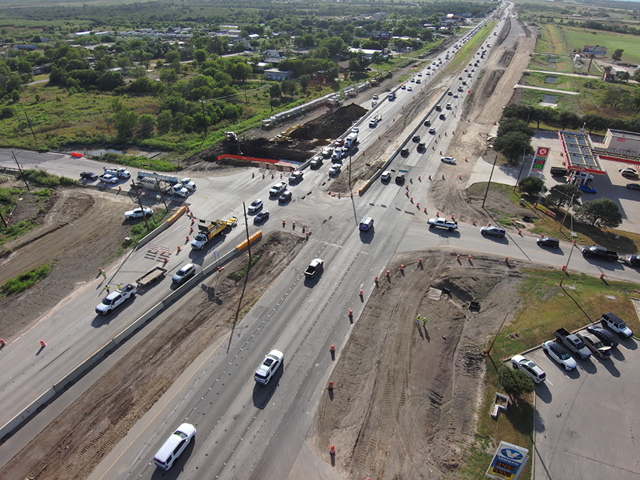 Aerial view of culvert work at the SH 71 and Tucker Hill Lane intersection