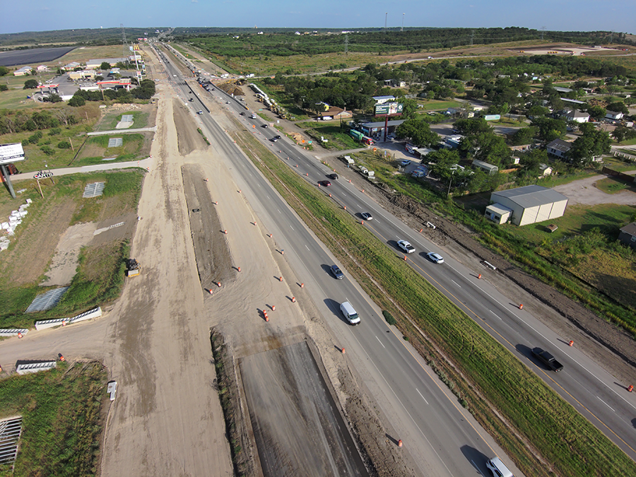 Aerial view of westbound SH 71 frontage road work