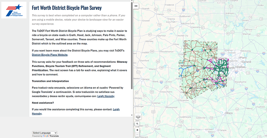 A screenshot of an interactive map, which displays the project area for the Fort Worth District Bicycle Plan.