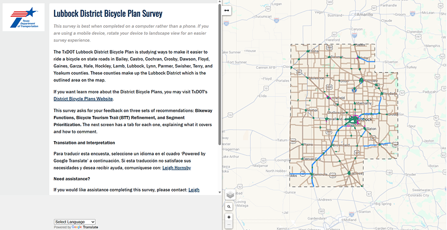 A screenshot of an interactive map, which displays the project area for the Lubbock District Bicycle Plan.