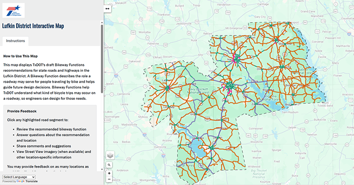 Una captura de pantalla de un mapa interactivo que muestra el área del proyecto para el Plan de Bicicletas del Distrito de Lufkin.