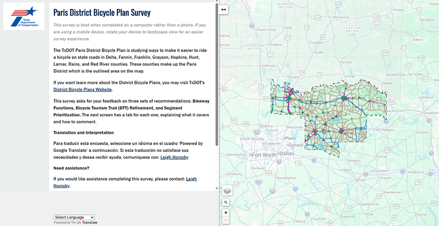 A screenshot of an interactive map, which displays the project area for the Paris District Bicycle Plan.