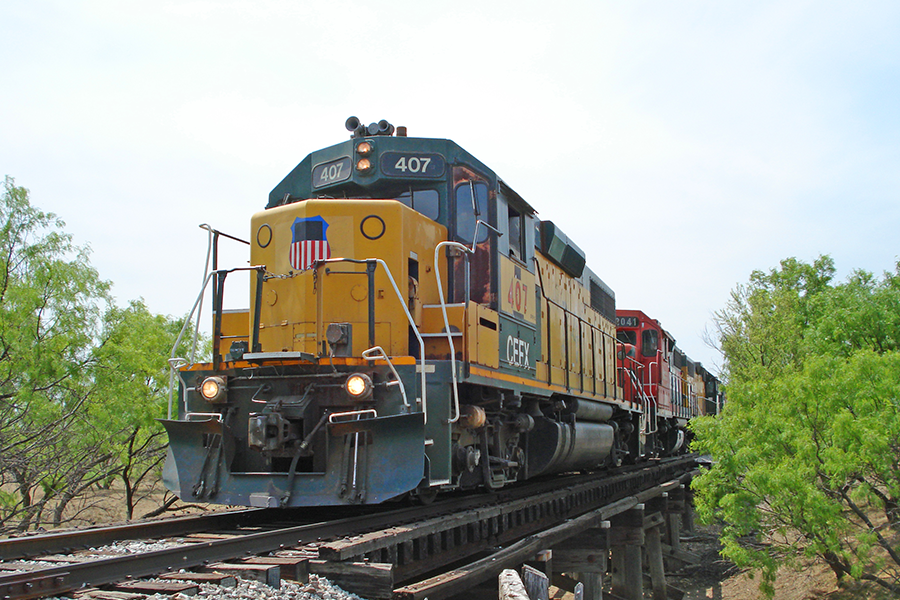 Locomotives on track over bridge