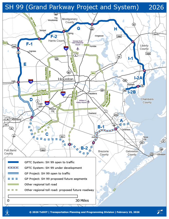 This main map has cities, counties, toll facilities, and other TxDOT roadways.  This map highlights State Highway 99 (Grand Parkway Project and System). Legend
Consists of six key features: 
A solid dark blue line, as GPTC System: SH 99 open to traffic from Fort Bend and Harris County line eastward to SH 146.
A red dashed line on top of a white on blue line, as GPTC System: SH 99 under development from SH 96 westward to south of Alvin, TX at the intersection of SH 35 and FM 2403.
A white on dark blue dashed line, as GP Project: SH 99 proposed future segments. From the intersection of SH 35 and FM 2403 westward to I-69.
A white on dark blue line, as GP Project: SH 99 open to traffic from I-69 and FM 2759 northward to and the Fort Bend and Harris County line.
A white on spruce green line, as Other regional toll road.
A dashed whit on spruce green line, as Other regional toll road: proposed future roadway.
