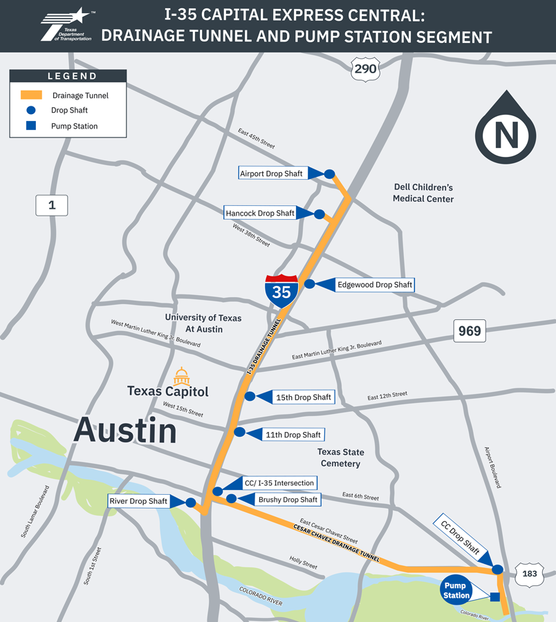 Drainage tunnel and pump station segment map along I-35