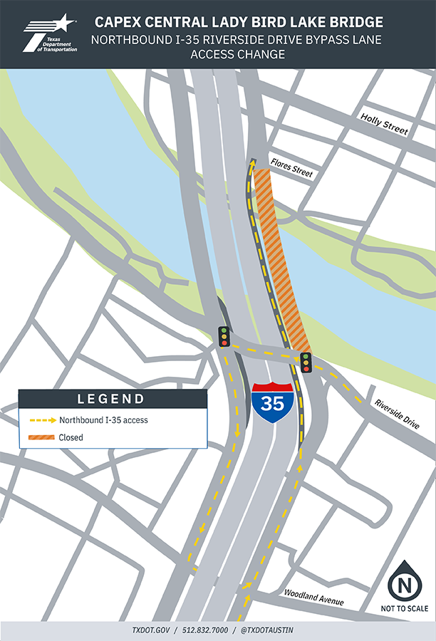 This is a moderately complex navigation and traffic‑movement map of access changes at the northbound I-35 frontage road just north of Riverside Drive as part of the I‑35 Capital Express Central project. The map covers I‑35 between Woodland Avenue and Holly Street and shows Riverside Drive, the I‑35 mainlanes and frontage roads, and detour routing northbound frontage road traffic to a Riverside Drive bypass lane on the mainlane bridge to continue north. Northbound frontage road traffic across the Lady Bird Lake bridge will be closed. The legend indicates the northbound I-35 frontage road access and pedestrian access. The map shows that the northbound I-35 frontage road is closed to through traffic at Riverside Drive. Woodland Avenue is closed to through traffic under I‑35; drivers traveling northbound on the frontage road will need to use a new Riverside Drive bypass; drivers traveling eastbound or westbound on Riverside Drive must use the southbound I-35 frontage road and U-turn at Woodland Avenue and take the bypass lane;   For any questions, assistance, or more information, please contact c a p i t a l e x p r e s s c e n t r a l @ t x d o t .gov. Preliminary, subject to change.