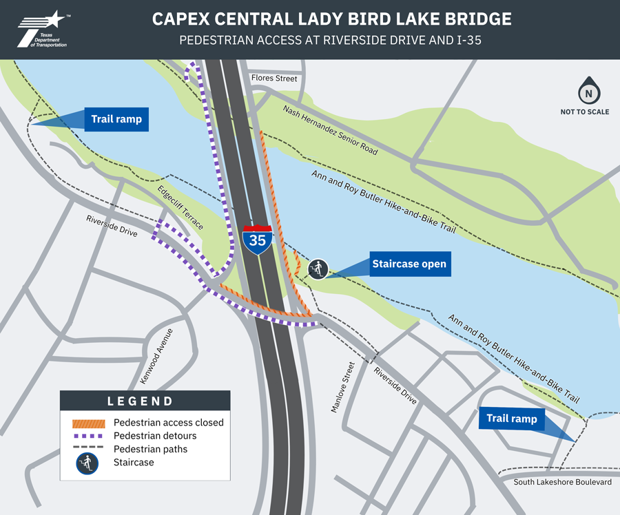 "Map: CapEx Central Lady Bird Lake Bridge: East Pedestrian Crossing and Boardwalk Ramp Closed at I-35. This is a moderately complex navigation of pedestrian closures and detours near Riverside Drive and the northbound I-35 frontage road just north of Riverside Drive as part of the I‑35 Capital Express Central project. The map covers I‑35 between Flores Street and Riverside Drive, showing the boardwalk ramp entrances east and west of I-35. Pedestrians crossing Lady Bird Lake at I-35 will need to navigate to the west sidewalk on the bridge by following the detour on Riverside Drive. Pedestrians must use temporary signals at Manlove Street and Edgecliff Terrace to cross Riverside Drive.  The legend indicates pedestrian access closed, pedestrian detours, pedestrian paths and staircase. The map shows that the existing east pedestrian path at Lady Bird Lake and the northern sidewalk on Riverside Drive are closed as well as the boardwalk ramp at I-35.  For any questions, assistance, or more information, please contact c a p i t a l e x p r e s s c e n t r a l @ t x d o t .gov. Preliminary, subject to change."