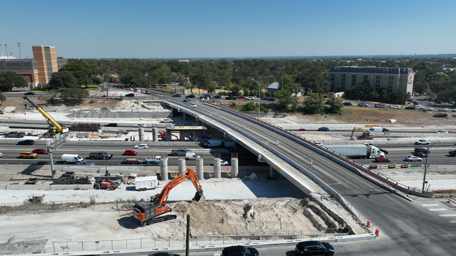 I-35 at  Martin Luther King Jr. Bridge in Austin, Texas looking east. The bridge's north side is currently demolished and being rebuilt.