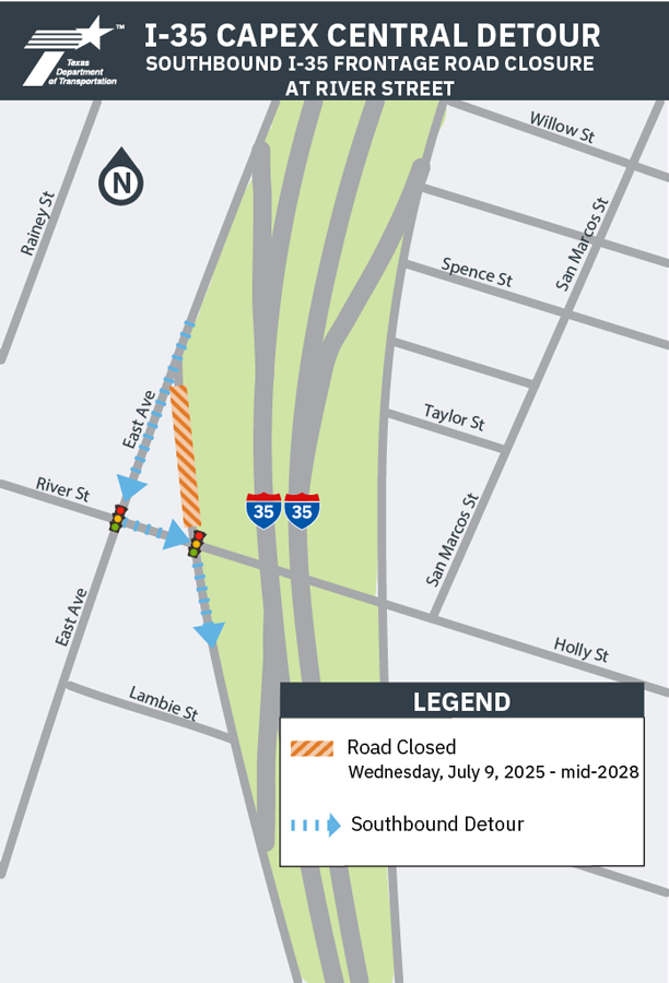 CapEx Central detour, Southbound I-35 frontage road closure at River Street