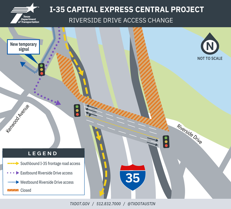 Map: Capital Express Central Project: Riverside Drive Access Change. Moderately complex navigation and traffic‑movement map of access changes at the southbound I‑35 frontage road just north of Riverside Drive as part of the I‑35 Capital Express Central project, providing a clear map of how drivers navigate modified access and detours in the area. Relevant locations include I‑35 at Riverside Drive, the southbound I‑35 frontage road and the Kenwood Avenue intersection. Top items in the legend are southbound I‑35 frontage road access, eastbound Riverside Drive access, westbound Riverside Drive access and closed areas. The southbound I‑35 frontage road is closed to through traffic at Riverside Drive; Riverside Drive bridge access remains available with three westbound lanes (two straight‑only and one straight or turn lane) and two straight‑only eastbound lanes; and southbound frontage road drivers must use the Riverside Drive bypass lane to continue south or the signalized intersection to travel east or west, while drivers on Riverside Drive must stay right to access the southbound frontage road via the new signal near Kenwood Avenue. For any questions, assistance, or more information, please contact c a p i t a l e x p r e s s c e n t r a l @ t x d o t .gov. Preliminary, subject to change. 