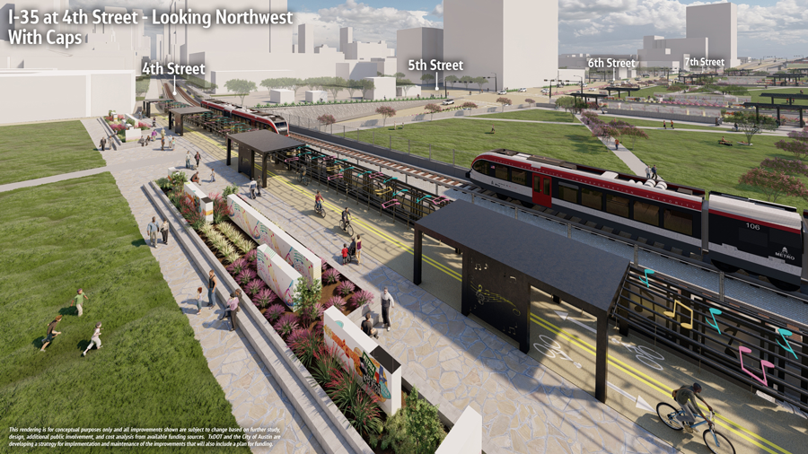 Rendering of the future I-35 at 4th Street looking northwest with the rail line and showing the "caps" that will be over the roadway and allow for multipurpose community spaces (parkland, walking paths, etc.)