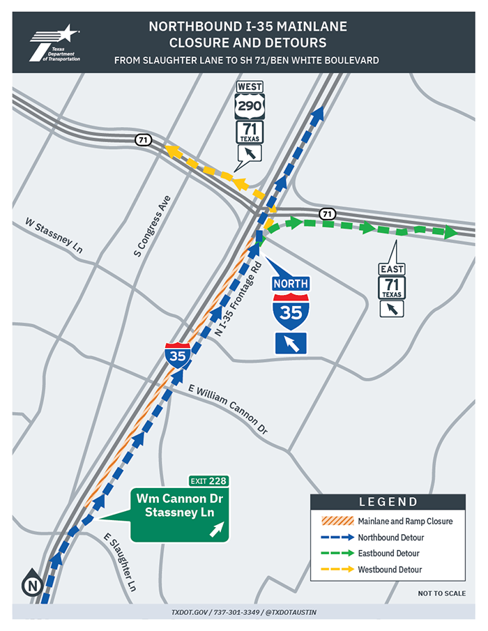 Map: Northbound I-35 Mainlane Closure and Detours from Slaughter Lane to SH 71/Ben White Boulevard. Moderately complex navigational map showing northbound I-35 mainlane closures and detours in Austin, Texas. Key locations include Slaughter Lane, Exit 228 (William Cannon Dr/Stassney Ln), East William Cannon Dr, South Congress Ave, North I-35 Frontage Rd, and SH 71/Ben White Blvd interchange. Legend shows orange for closure, blue for northbound detour, green for eastbound detour, and yellow for westbound detour. Northbound I-35 traffic is detoured onto the frontage road; SH 71 eastbound and westbound follow marked detours through the interchange. For more information, call 7 3 7 - 3 0 1 - 3 3 4 9.