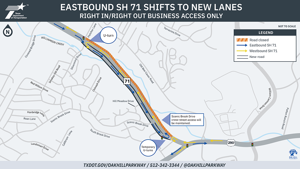 Eastbound SH 71 traffic shifts Eastbound SH 71 Shifts to new lanes, right in/right out business access only