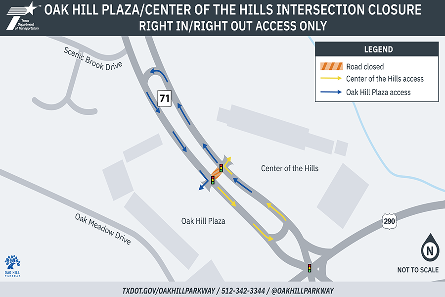 Oak Hill Plaza and Center of the Hills Crossing Closed Map. Simple map showing the closed crossing between Oak Hill Plaza and Center of the Hills shopping centers on SH 71 just west of US 290. For access to Center of the Hills, eastbound SH 71 drivers will make a U-turn by Tesla, then turn right into the parking lot. For access to Oak Hill Plaza, westbound SH 71 drivers will make a U-turn near Scenic Brook Drive and then turn right into the parking lot. Traffic signals will remain in place for through traffic and those exiting the shopping centers. For more information, contact the Oak Hill Parkway team at 512-342-3238, or visit our X page @oakhillparkway.