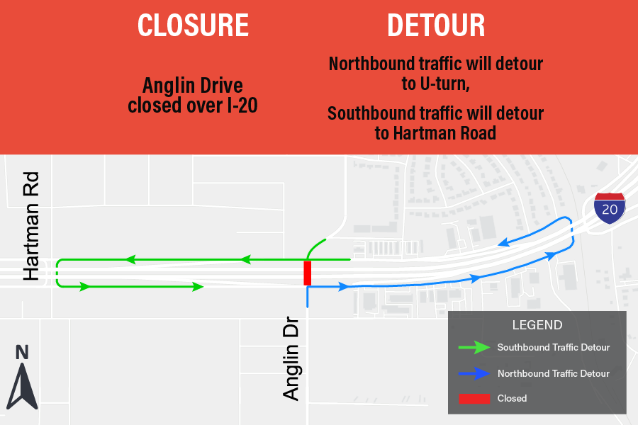 Anglin Drive closed over I-20.

Northbound traffic will detour to U-turn, southbound traffic will detour to Hartman Road.