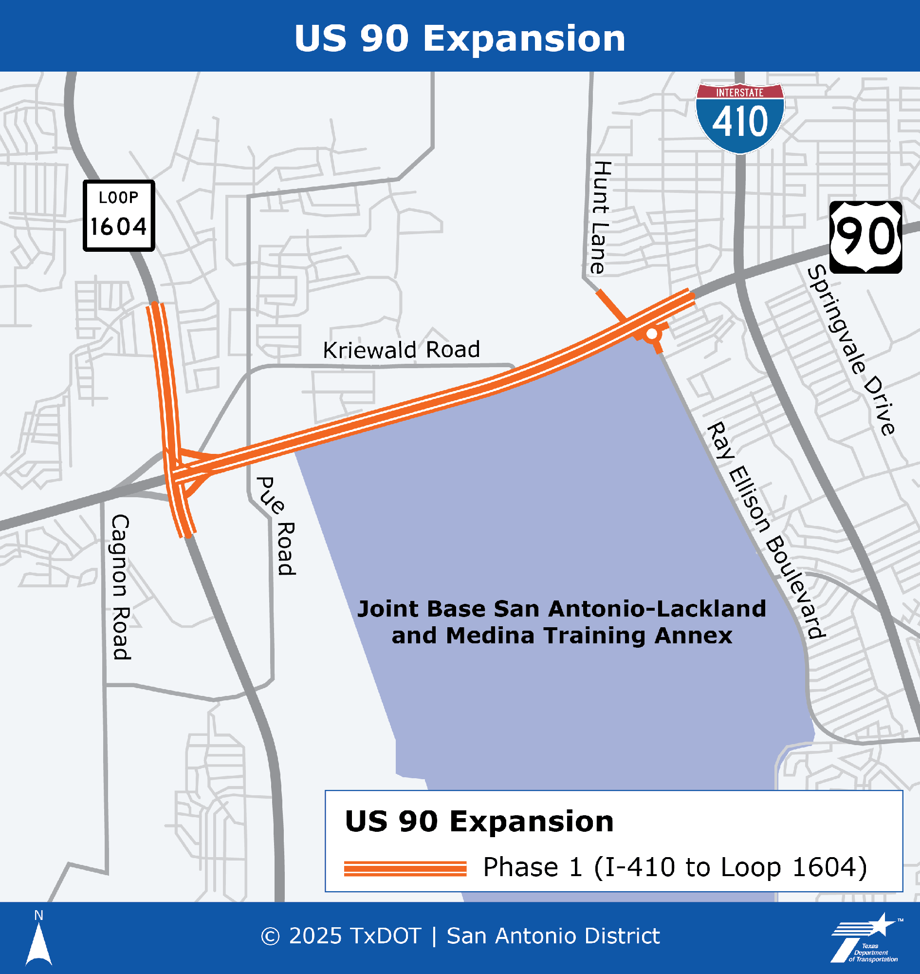 US 90 Expansion Map: Phase I. Simple map showing the project limits for TxDOT San Antonio District's US 90 Expansion project, Phase I in Bexar County. Phase I is shown between I-410 and Loop 1604. Phase I also includes portions of Loop 1604 to the north and south of US 90, a westbound to northbound flyover ramp at Loop 1604, and a roundabout at Ray Ellison Boulevard. Key items include: Phase I is represented by three orange lines.