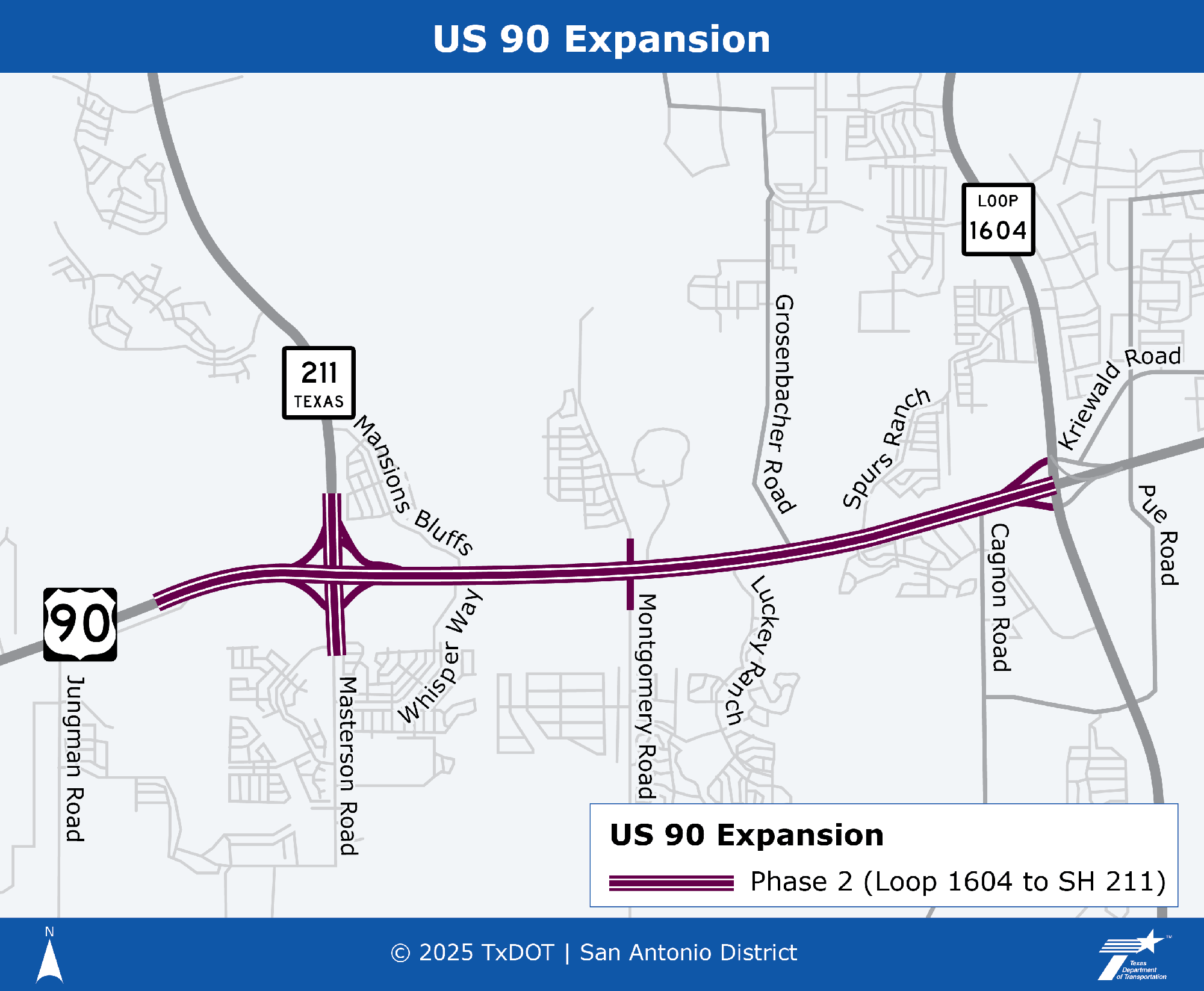 US 90 Expansion Map: Phase II. Simple map showing the project limits for TxDOT San Antonio District's US 90 Expansion project Phase II in Bexar County. Phase II is shown between Loop 1604 and west of SH 211, includes improvements to the SH 211/US 90 interchange. Key items include: Phase II is represented by three purple lines.