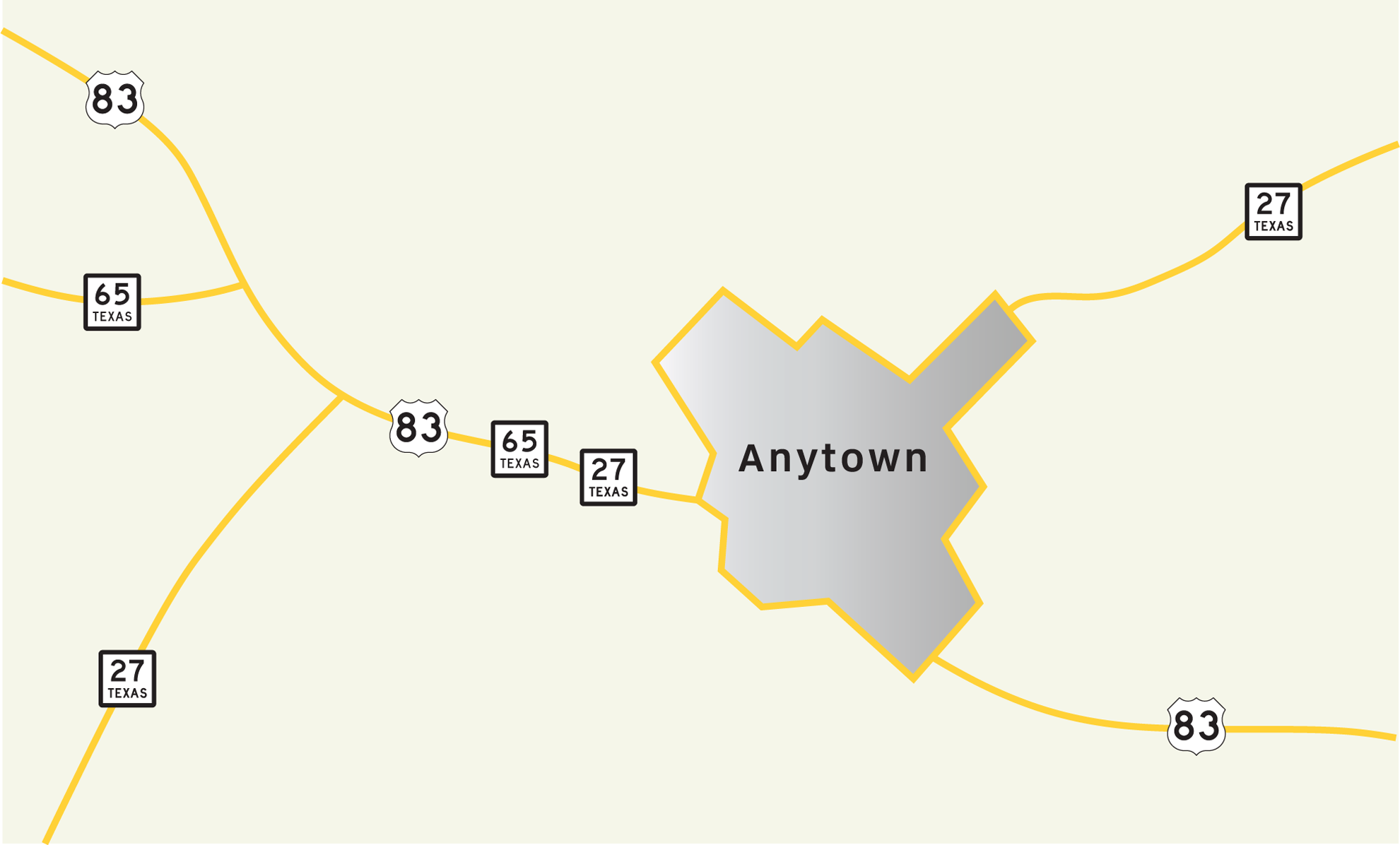 Example of unnecessary concurrent signing.Signing for SH 65 should terminate at junction with US 83. (click in image to see full-size image)