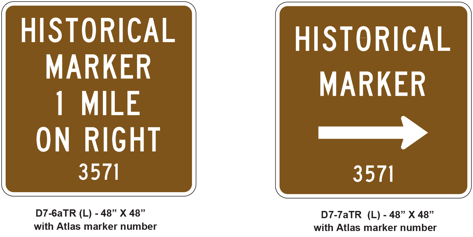 Advance and directional historical markerguide signs with Atlas marker numbers. Colors: legend - white (retroreflective);background - brown (retroreflective). (click in image to see full-size image)