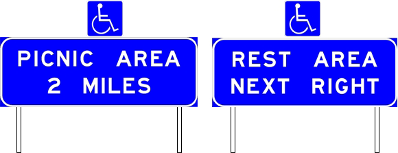 ADA Accessibility plaques (D9-6) attachedto advance picnic and rest area signs for divided highways and freeways (click in image to see full-size image)