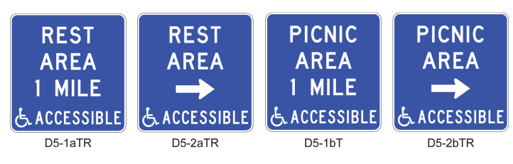 Advance and directional rest area signs(D5 series) for conventional highways showing ADA accessible message (click in image to see full-size image)